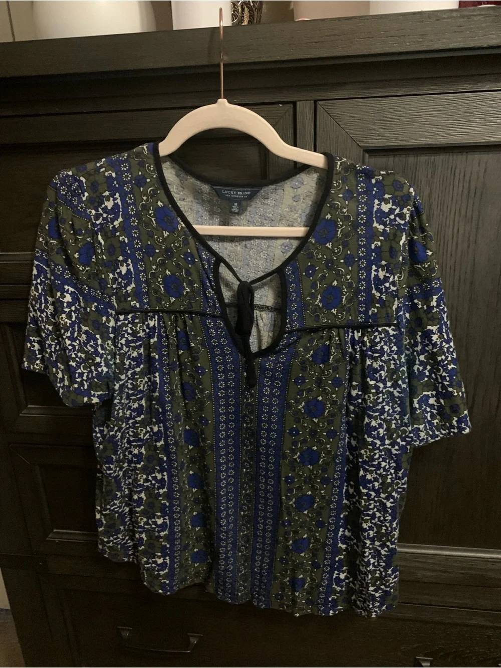 Lucky Brand Blue and Olive Floral Tie-Neck Peasant Blouse